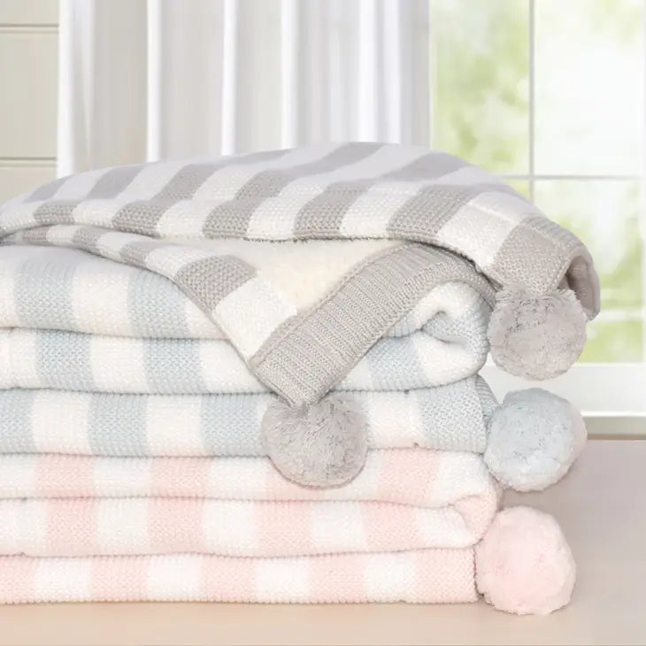 Dusty/Blue Stripe Pompom Sherpa Blanket