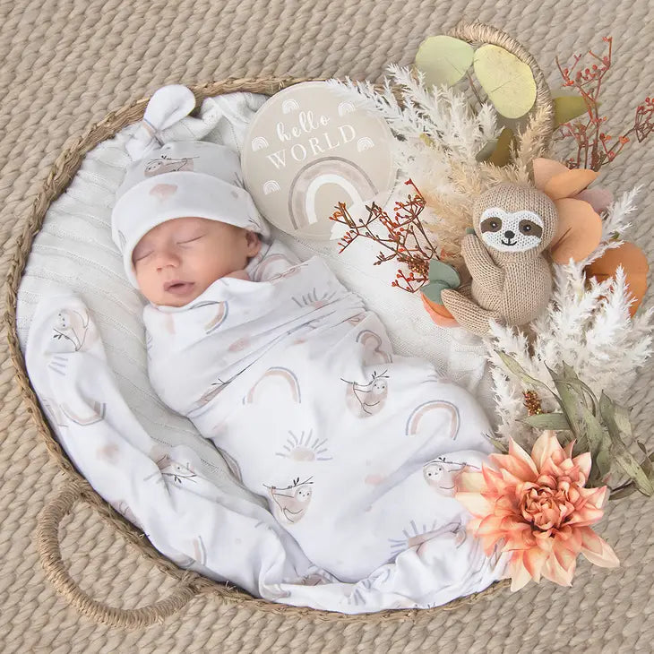 'Happy Sloth' Newborn Swaddle & Card Gift Set