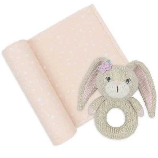 'Amelia Bunny' Swaddle & Ring Rattle Gift Set