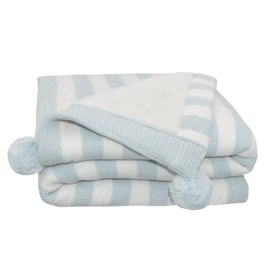 Dusty/Blue Stripe Pompom Sherpa Blanket