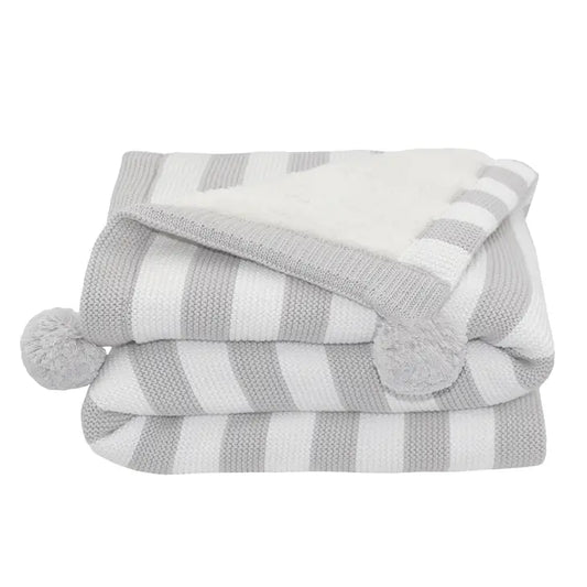 Grey/Stripe Pompom Sherpa Blanket