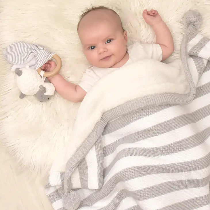Grey/Stripe Pompom Sherpa Blanket